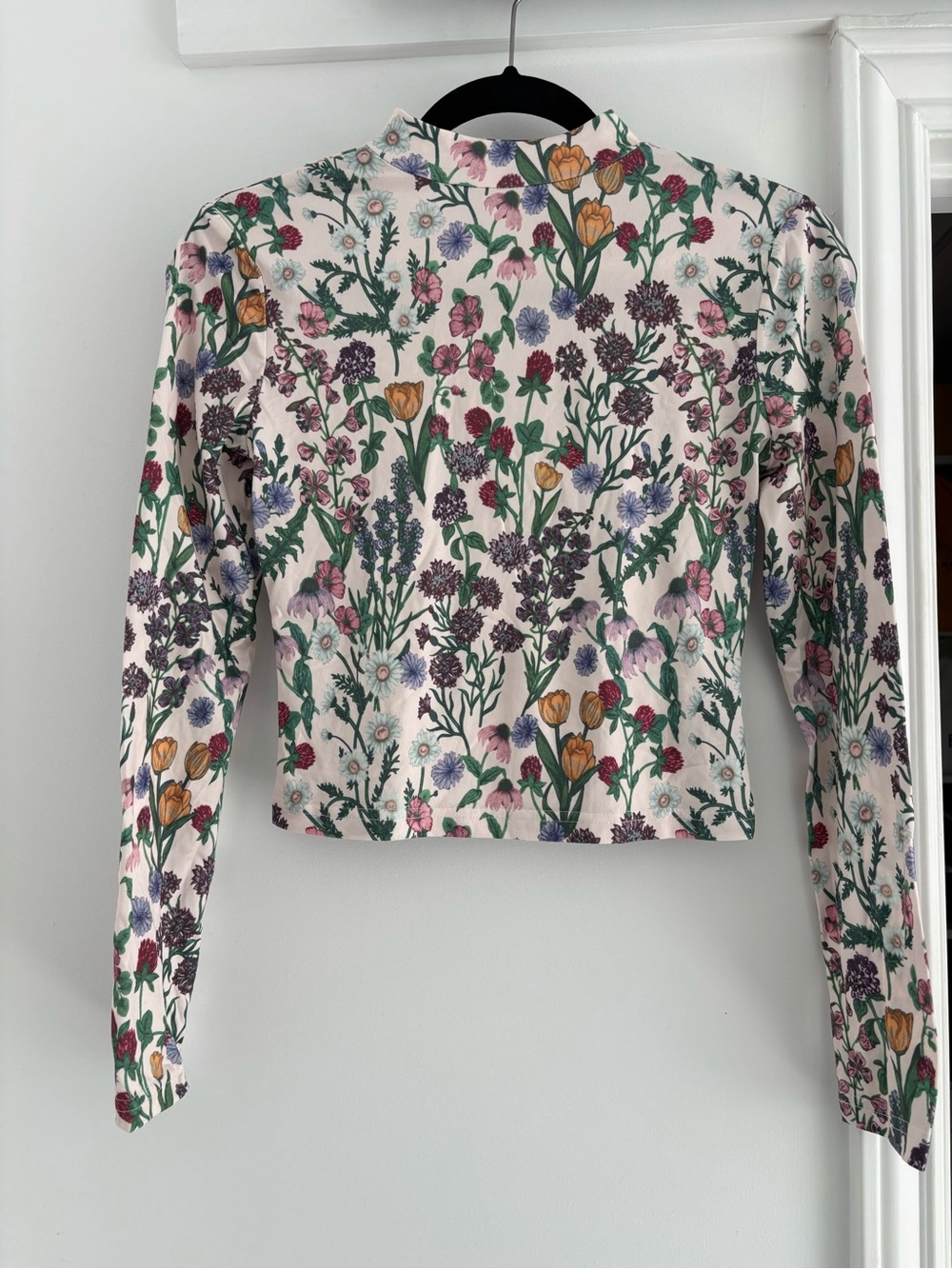 Floral Print Long-Sleeve Mock Neck Crop Top - Cream with Multicolor Blooms